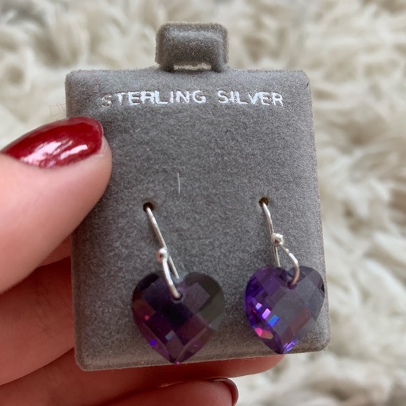 Purple Crystal Heart Sterling Silver Earrings - Picture 1 of 5